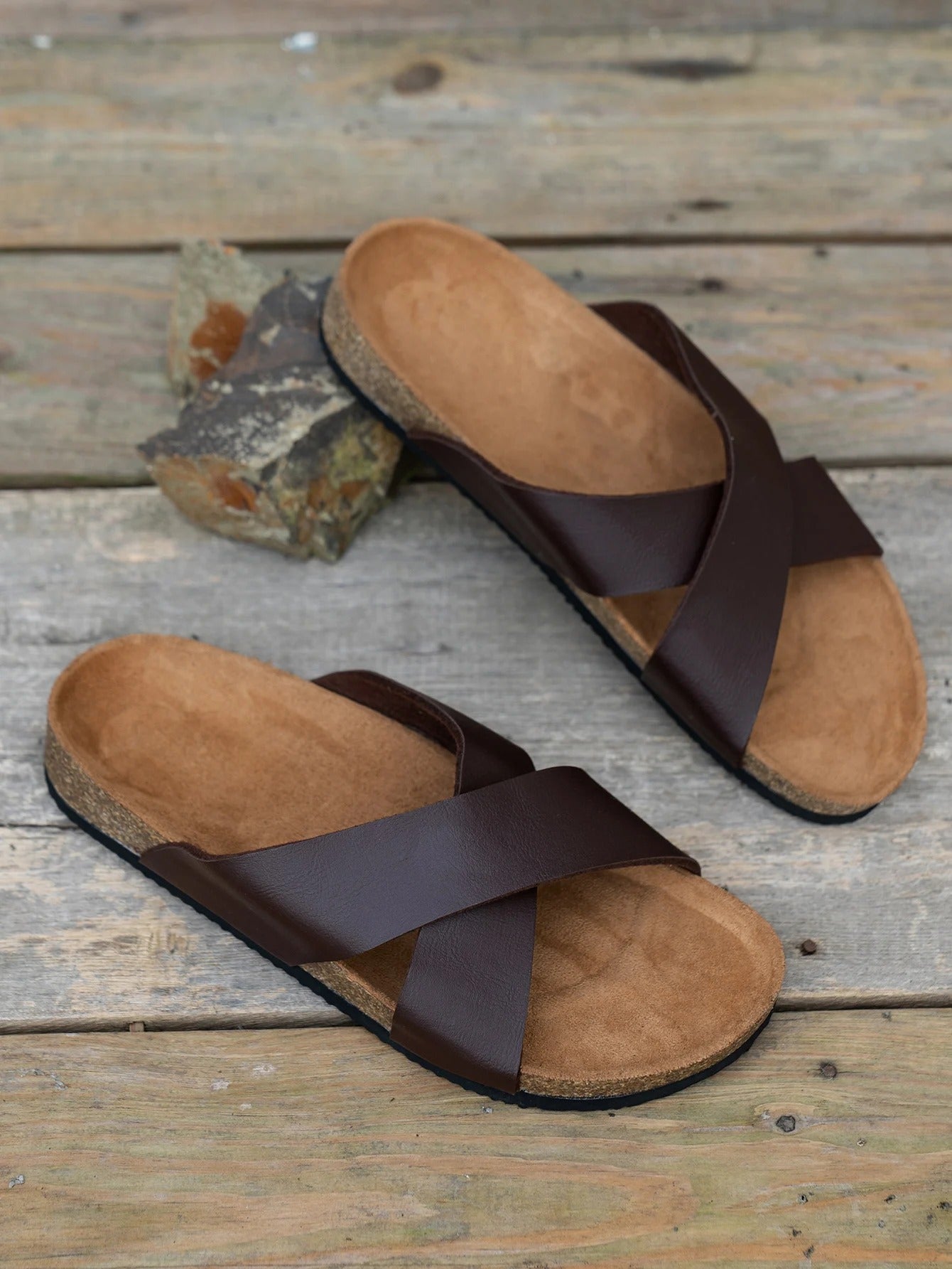 Aloueta Men's Tan Leather Crossband Slippers For Daily Strides