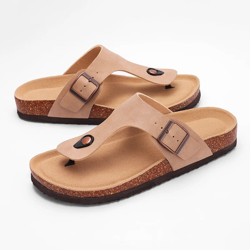 Aloueta Women's Beige Leather Cork Slippers For Daily Strides