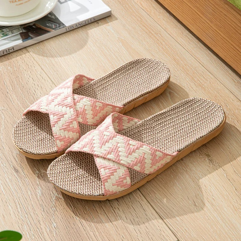 Aloueta Women's Light Pink Straw Crossband Slippers for Daily Comfort
