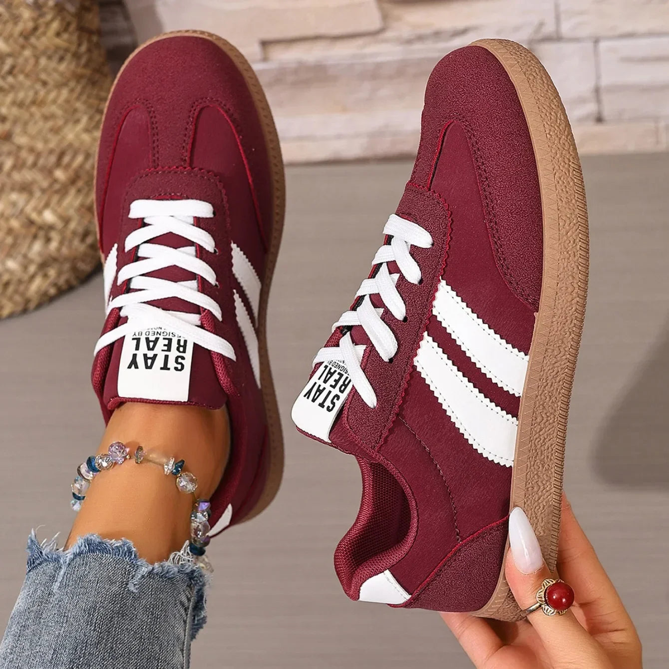 Women’s Patchwork Leather Sneakers – Casual Comfortable Shoes