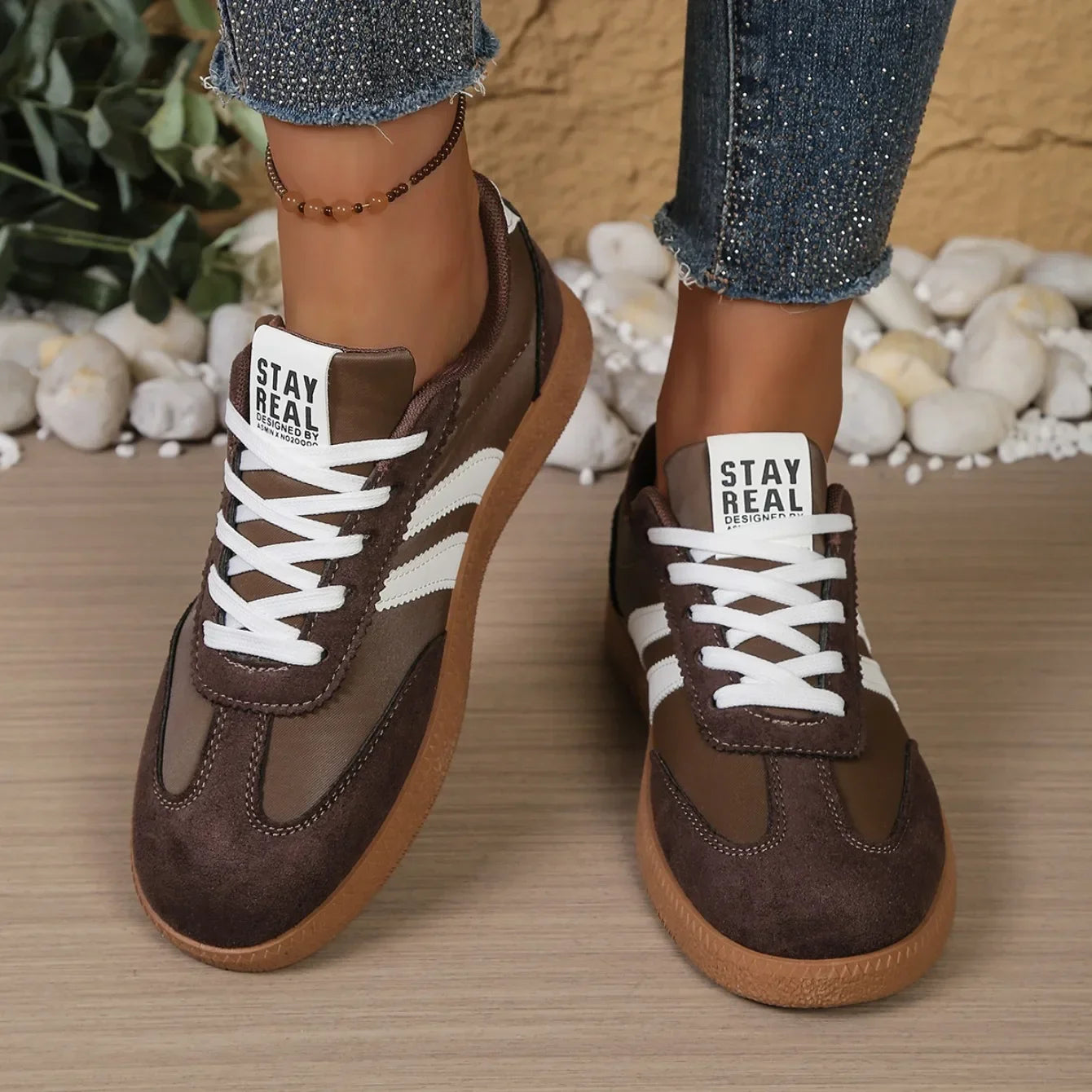 Women’s Patchwork Leather Sneakers – Casual Comfortable Shoes