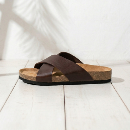 Aloueta Men's Tan Leather Crossband Slippers For Daily Strides