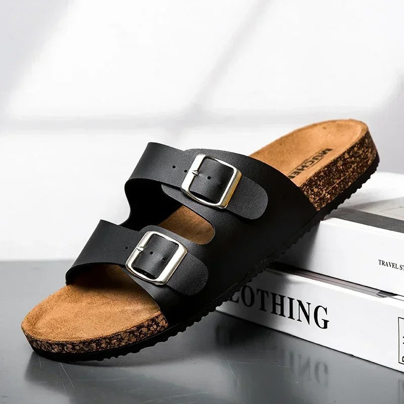 Aloueta Unisex Deep Leather Doubleband Cork Slippers For Daily Comfort