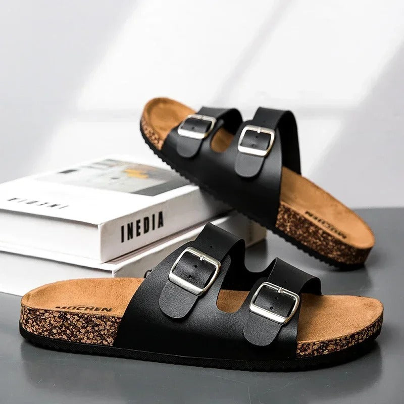 Aloueta Unisex Deep Leather Doubleband Cork Slippers For Daily Comfort