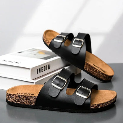 Aloueta Unisex Deep Leather Doubleband Cork Slippers For Daily Comfort