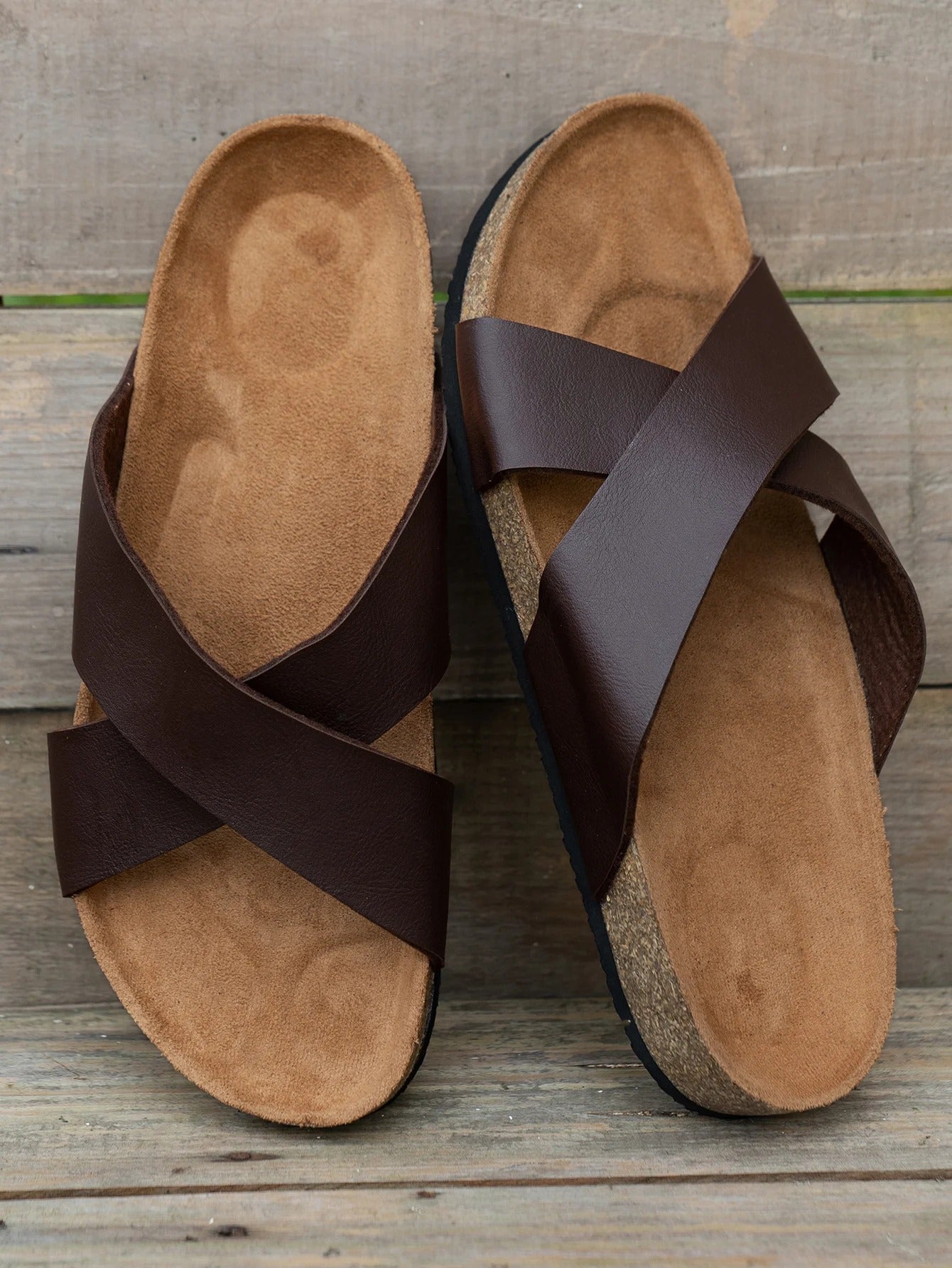 Aloueta Men's Tan Leather Crossband Slippers For Daily Strides