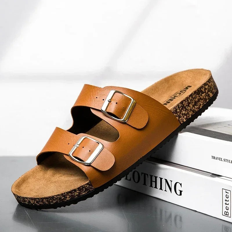 Aloueta Unisex Sand Leather Doubleband Cork Slippers For Daily Comfort