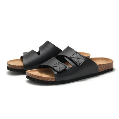 Aloueta Men's Coal Leather Doubleband Cork Sandals For Daily Comfort