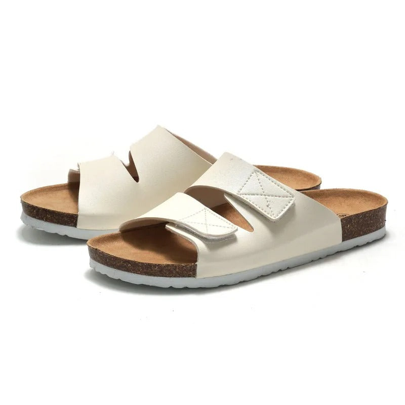 Aloueta Men's Cream Leather Doubleband Cork Sandals For Daily Comfort