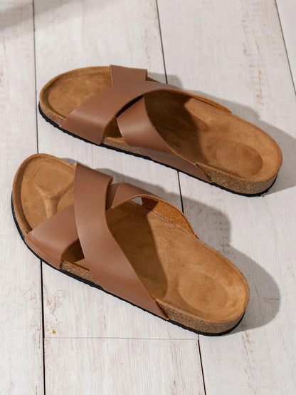 Aloueta Men's Sand Leather Crossband Slippers For Daily Strides