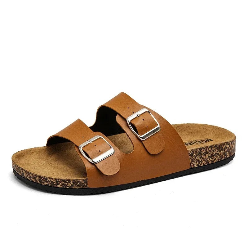 Aloueta Unisex Sand Leather Doubleband Cork Slippers For Daily Comfort