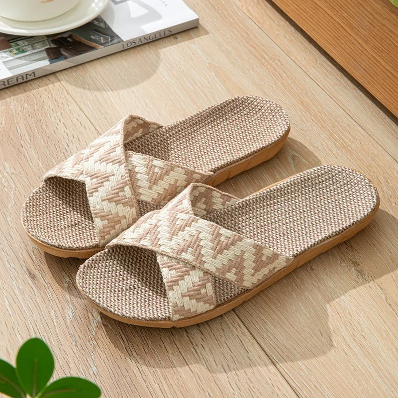 Aloueta Women's Matte Beige Straw Crossband Slippers for Daily Comfort